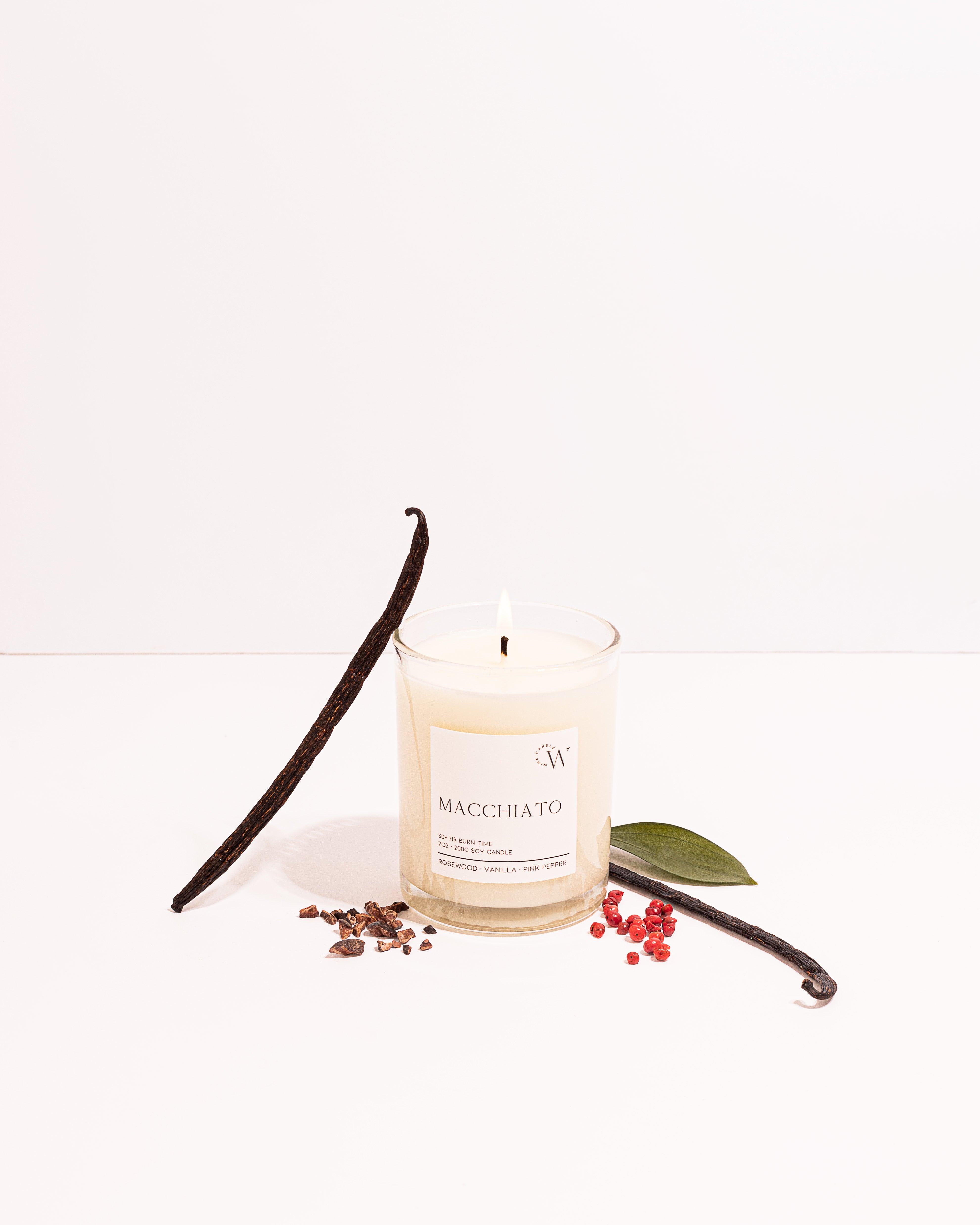 Macchiato nontoxic luxury soy candle rosewood vanilla pink pepper cacao